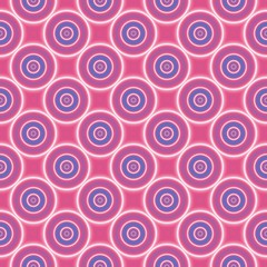 Seamless pattern with blue and white circles on pink background.