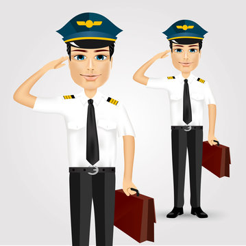 friendly pilot with briefcase saluting