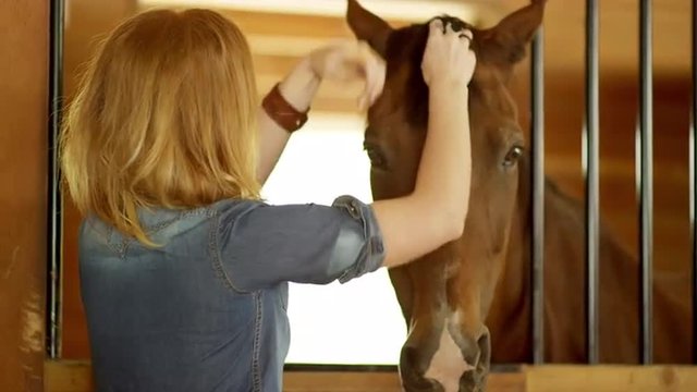Redhead with a horse in a stable