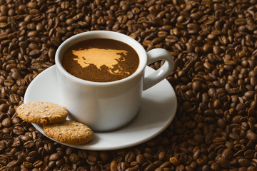 Still life - coffee with map of Asia continent