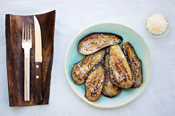 Fried aubergines (eggplant) on plate