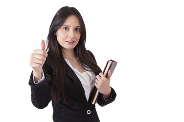businesswoman with book and symbol ok