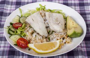 White Fish on Fried Rice with Avocado and Salad