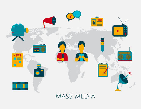 Mass media journalism news concept flat business icons of newspaper paparazzi profession live radio for infographics design web elements with a background map of the world