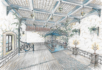 Interior of restaurant hall in style of city street