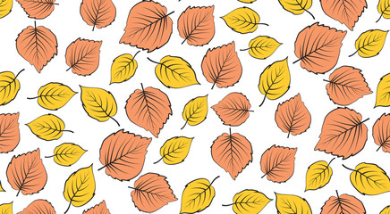 Vector seamless pattern of colored leaves on a white background. Chaotic pattern of leaves.
