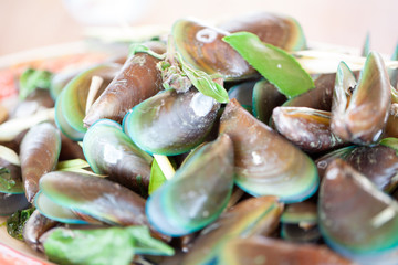 Close up Steamed mussels