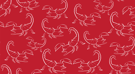 Vector seamless background of contours Scorpions on a red background. Pattern of randomly distributed Scorpions.