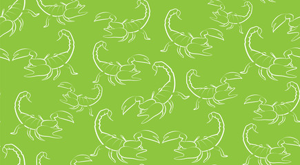 Vector seamless background of contours Scorpions on a green background. Pattern of randomly distributed Scorpions.