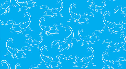 Vector seamless background of contours Scorpions on a blue background. Pattern of randomly distributed Scorpions.