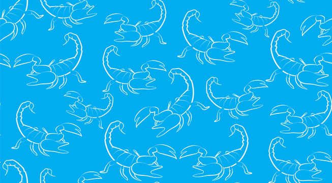 Vector seamless background of contours Scorpions on a blue background. Pattern of randomly distributed Scorpions.