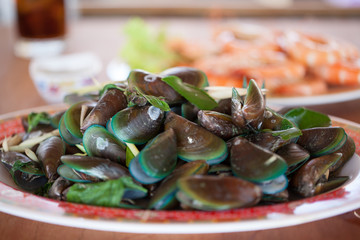 Close up Steamed mussels
