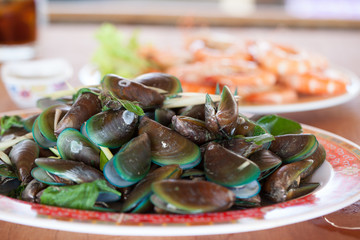 Close up Steamed mussels