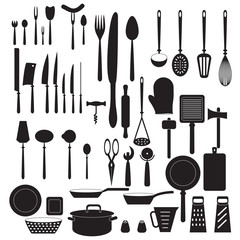 Kitchen tool icons set. Vector silhouettes