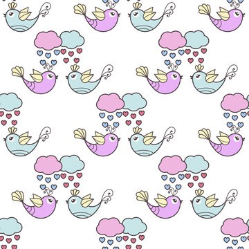 Seamless pattern of the lovers of birds and clouds