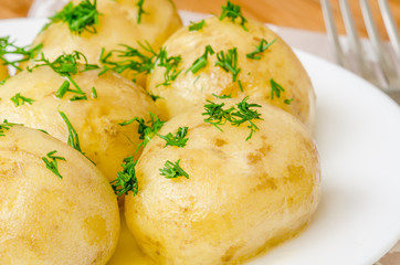 Traditional Ukrainian food boiled new potatoes with butter and dill on wooden table