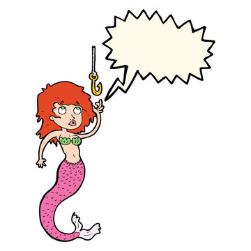 cartoon mermaid and fish hook with speech bubble