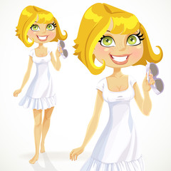 Cute blond girl in a white dress with sunglasses