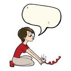 cartoon girl playing computer games with speech bubble