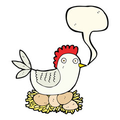 cartoon hen on eggs with speech bubble