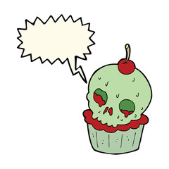 cartoon halloween cup cake with speech bubble