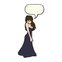 cartoon pretty woman in dress with speech bubble