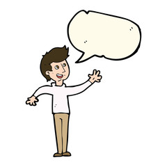 cartoon man waving with speech bubble