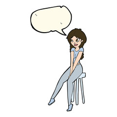 cartoon pretty girl on stool with speech bubble