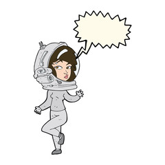 cartoon woman wearing space helmet with speech bubble