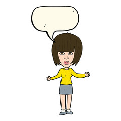 cartoon woman shrugging shoulders with speech bubble