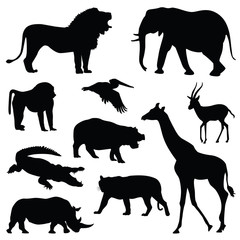safari animal silhouette illustration set - obrazy, fototapety, plakaty