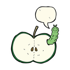 cartoon bug eating apple with speech bubble