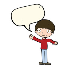 cartoon happy waving boy with speech bubble