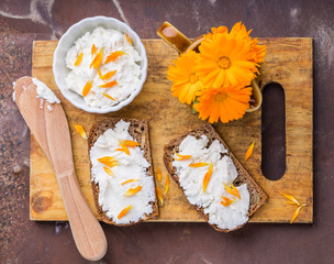 Healthy breakfast - homemade bread with goat cheese