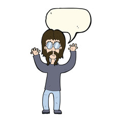 cartoon hippie man waving arms with speech bubble