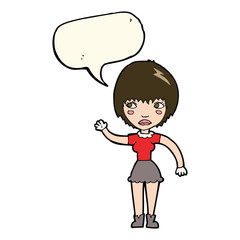 cartoon waving woman with speech bubble