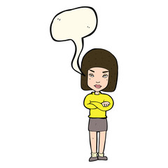 cartoon woman with crossed arms with speech bubble