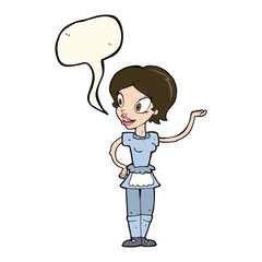 cartoon woman in maid costume with speech bubble