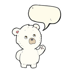 cartoon waving polar bear with speech bubble