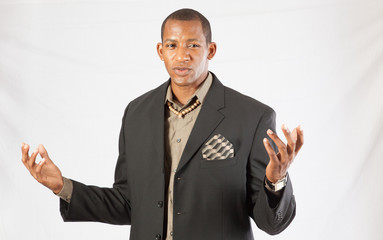 businessman asking question with hands