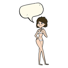 cartoon woman in bikini with speech bubble