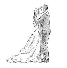 Wedding couple kiss. Newlywed.  Vector sketch.