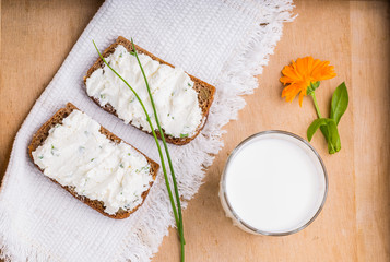 Healthy breakfast - homemade bread with goat cheese