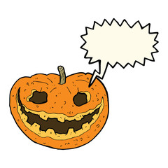 cartoon spooky pumpkin with speech bubble