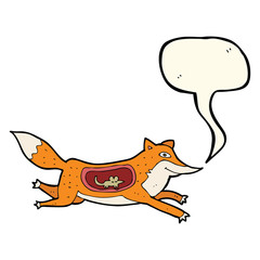 cartoon fox with mouse in belly with speech bubble