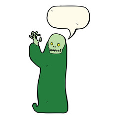 cartoon waving halloween ghoul with speech bubble