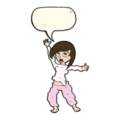 cartoon frightened woman with speech bubble