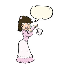 cartoon victorian woman dropping handkerchief with speech bubble