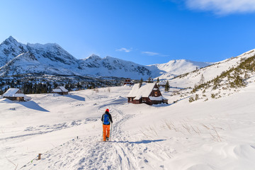 Young woman backpacker tourist walking to mountain huts in winter landscape of Gasienicowa valley, Tatra Mountains, Poland