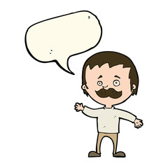 cartoon man with mustache waving with speech bubble